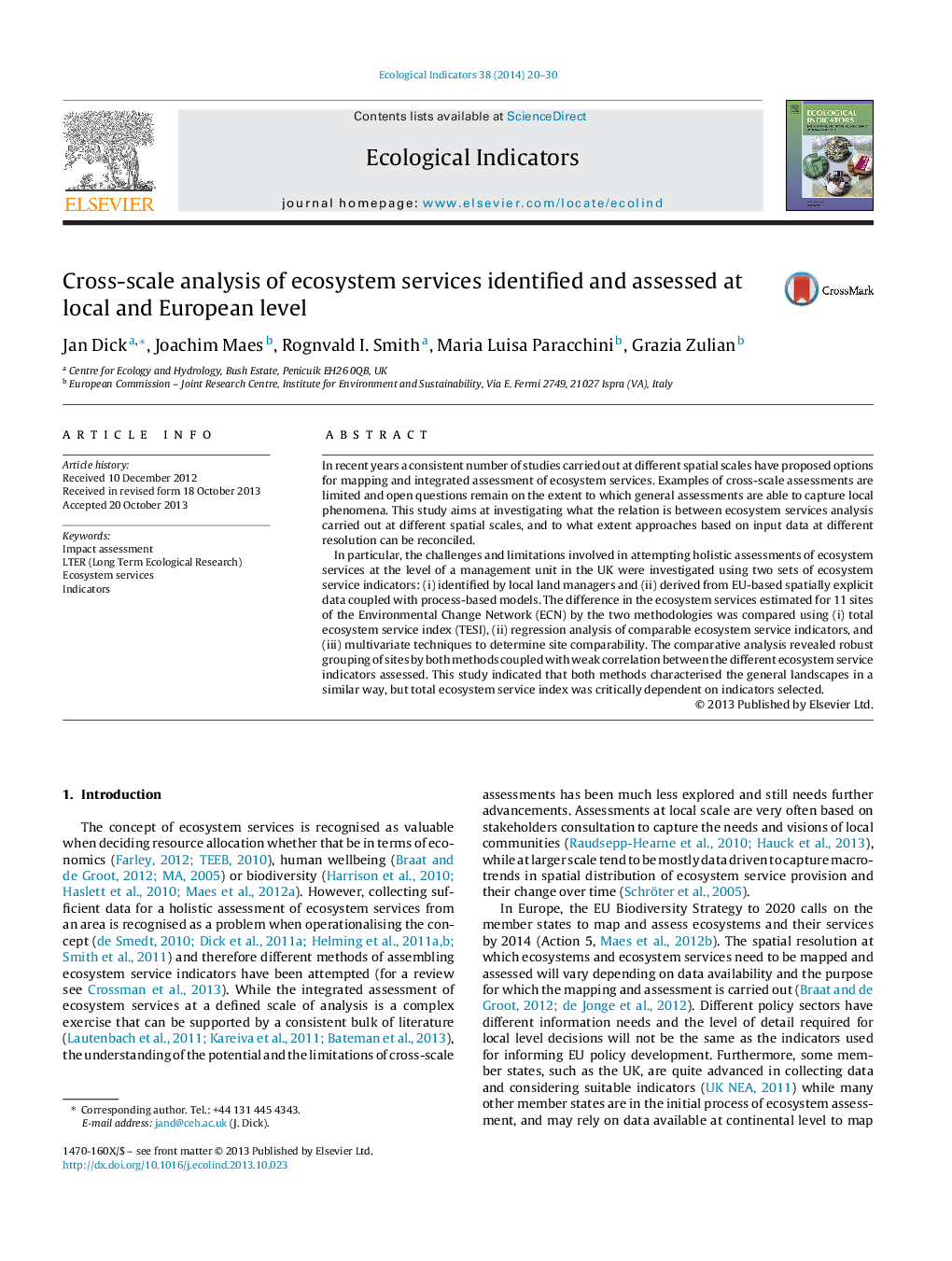 Cross-scale analysis of ecosystem services identified and assessed at local and European level