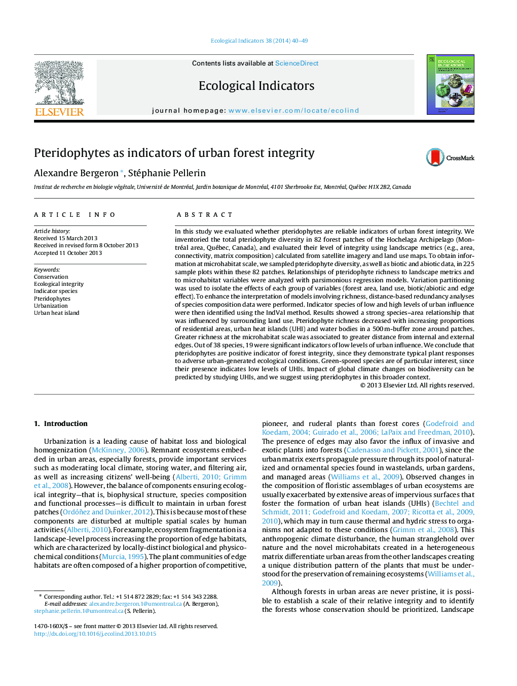 Pteridophytes as indicators of urban forest integrity