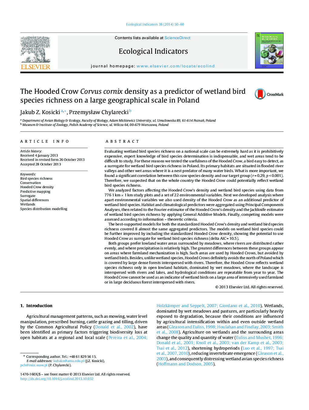 The Hooded Crow Corvus cornix density as a predictor of wetland bird species richness on a large geographical scale in Poland