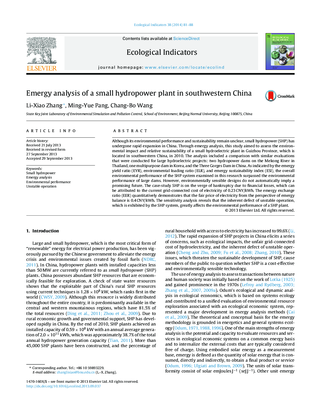 Emergy analysis of a small hydropower plant in southwestern China