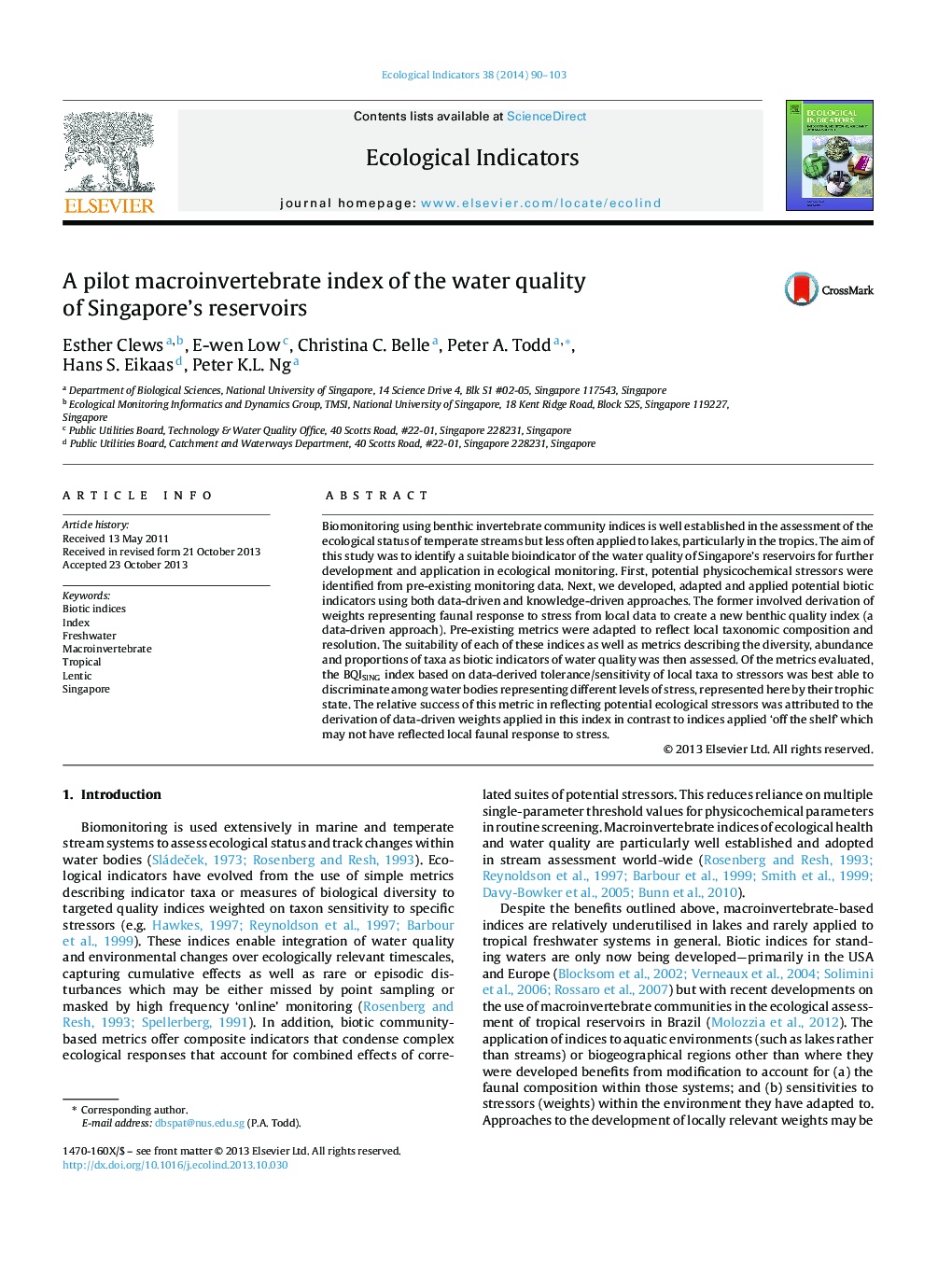 A pilot macroinvertebrate index of the water quality of Singapore's reservoirs