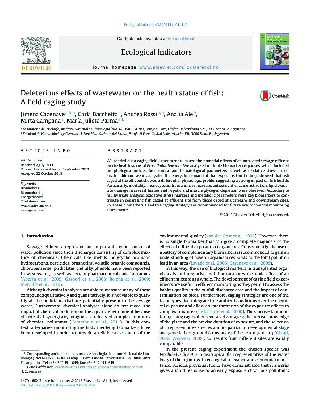 Deleterious effects of wastewater on the health status of fish: A field caging study