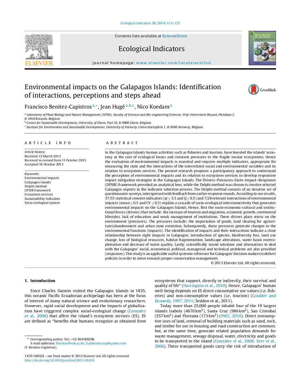 Environmental impacts on the Galapagos Islands: Identification of interactions, perceptions and steps ahead