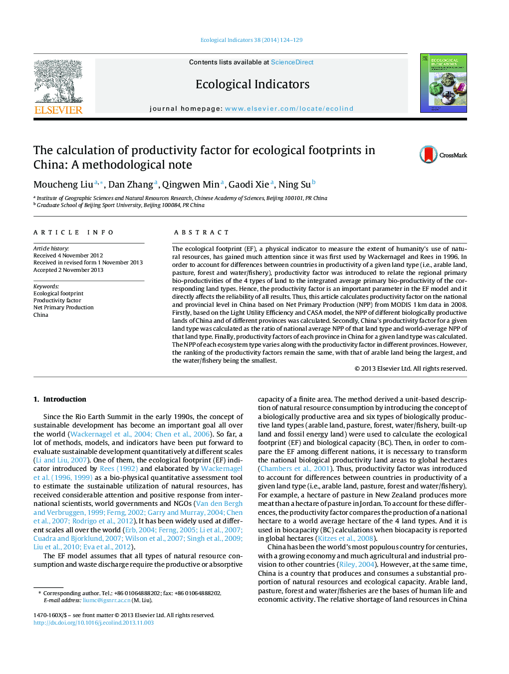 The calculation of productivity factor for ecological footprints in China: A methodological note