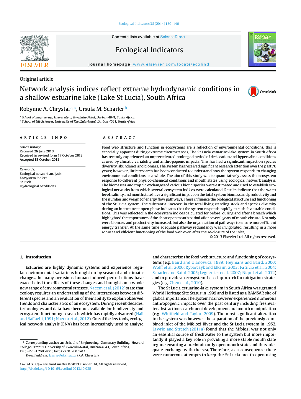 شاخص های تجزیه و تحلیل شبکه نشان دهنده شرایط هیدرودینامیکی شدید در یک دریاچه کم عمق دریایی (دریاچه سنت لوسیا)، آفریقای جنوبی 