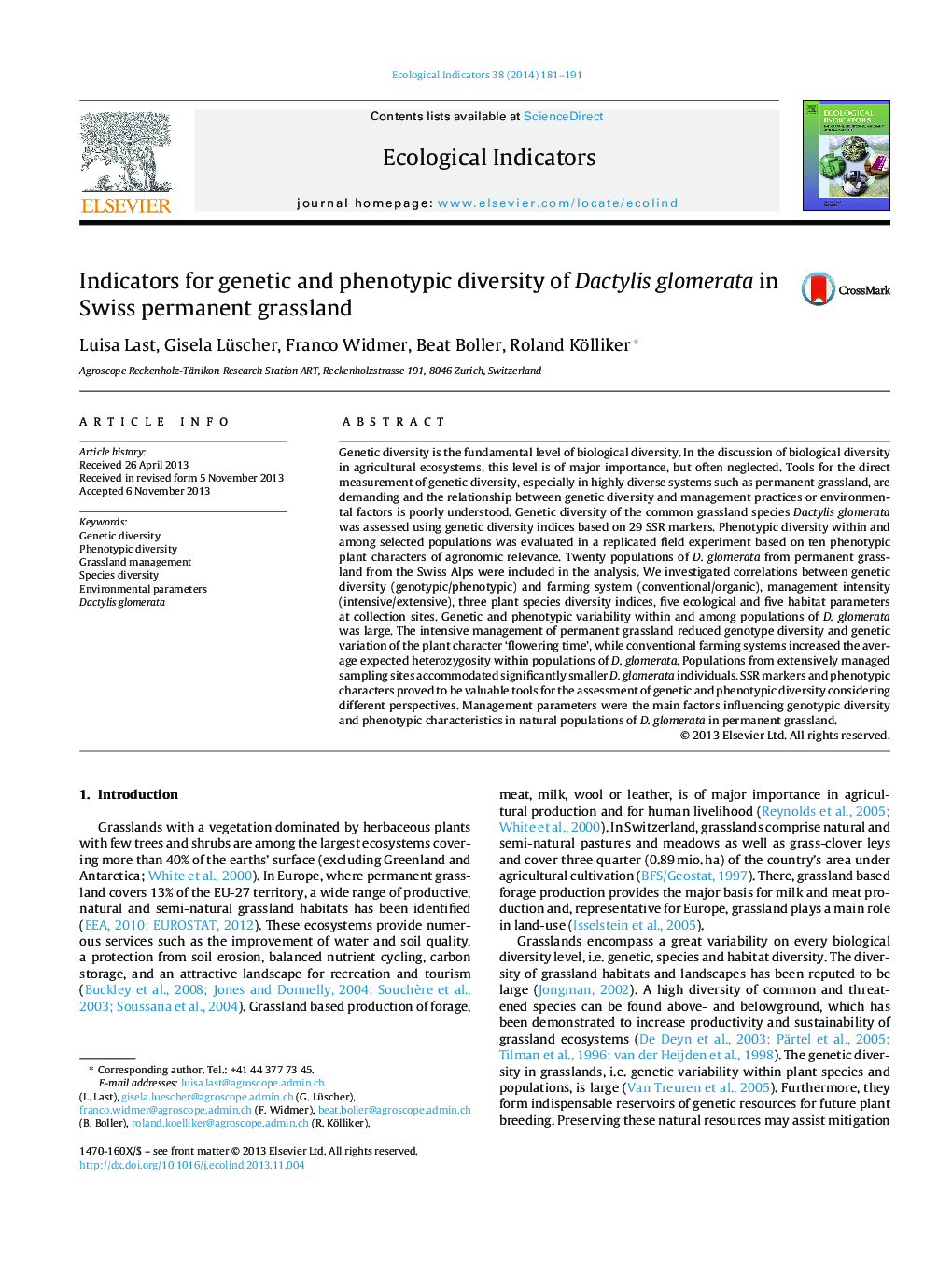 Indicators for genetic and phenotypic diversity of Dactylis glomerata in Swiss permanent grassland