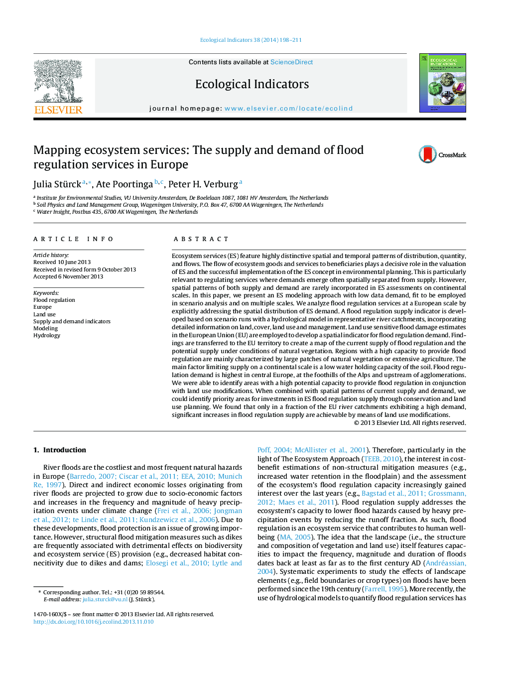 Mapping ecosystem services: The supply and demand of flood regulation services in Europe