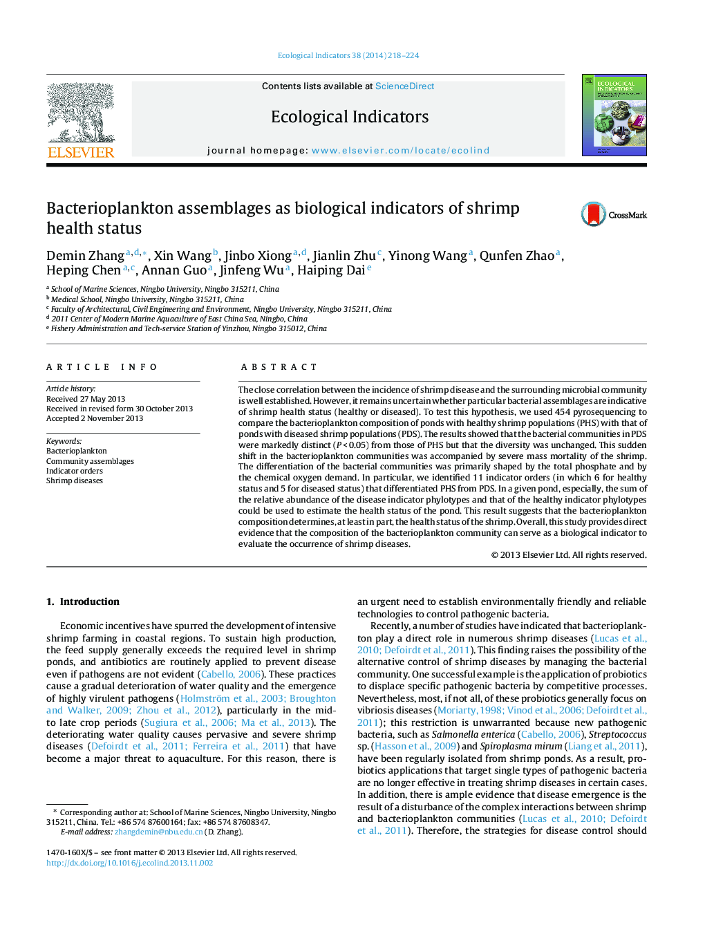 Bacterioplankton assemblages as biological indicators of shrimp health status