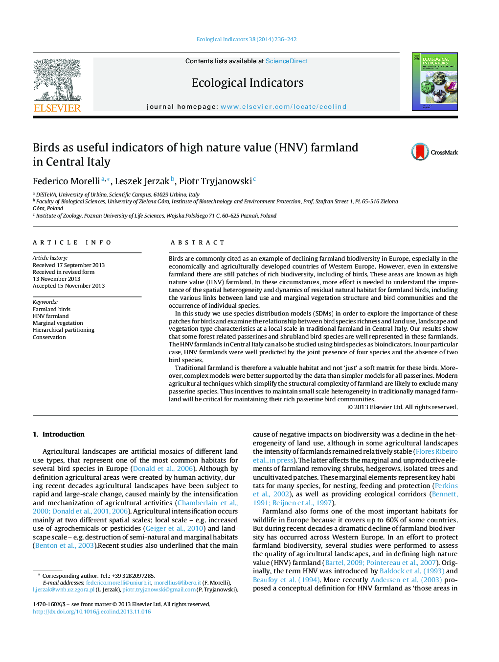 Birds as useful indicators of high nature value (HNV) farmland in Central Italy