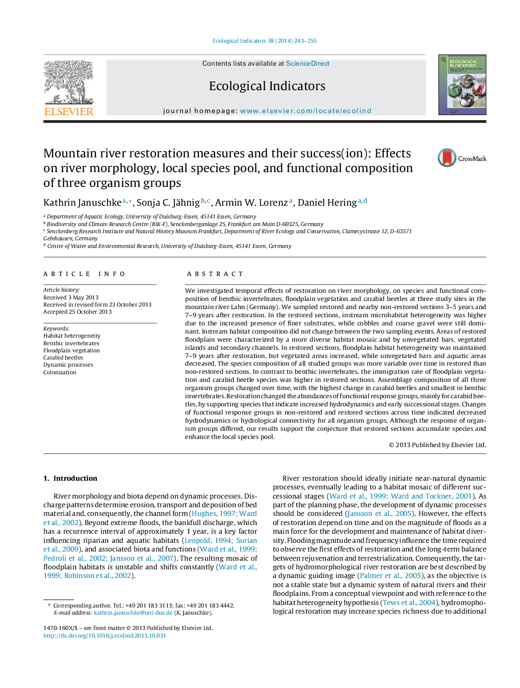 Mountain river restoration measures and their success(ion): Effects on river morphology, local species pool, and functional composition of three organism groups