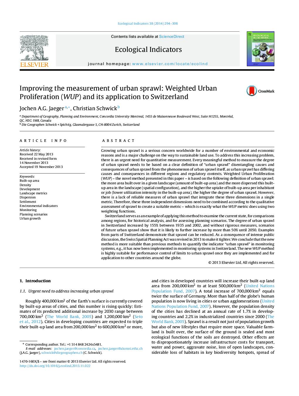 Improving the measurement of urban sprawl: Weighted Urban Proliferation (WUP) and its application to Switzerland