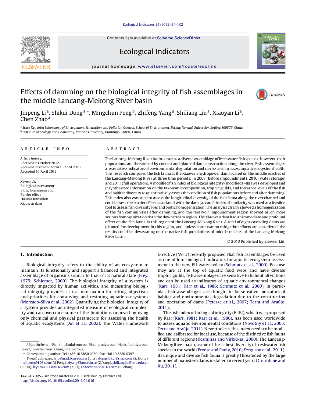 Effects of damming on the biological integrity of fish assemblages in the middle Lancang-Mekong River basin