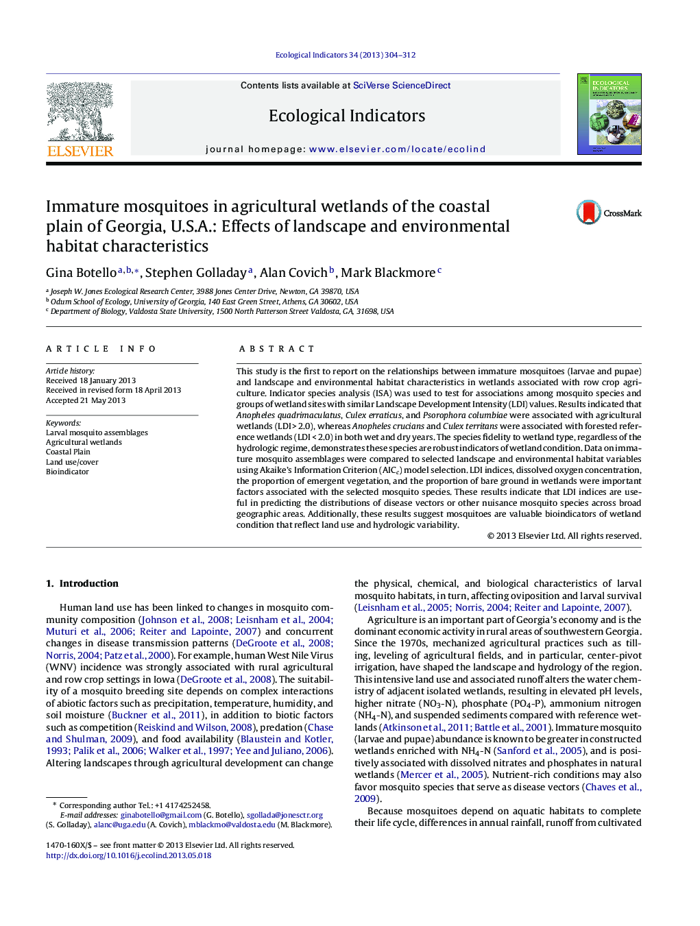 عکس صفحه اول مقاله: Immature mosquitoes in agricultural wetlands of the coastal plain of Georgia, U.S.A.: Effects of landscape and environmental habitat characteristics Immature mosquitoes in agricultural wetlands of the coastal plain of Georgia, U.S.A.: Effects of landscape and environmental habitat characteristics