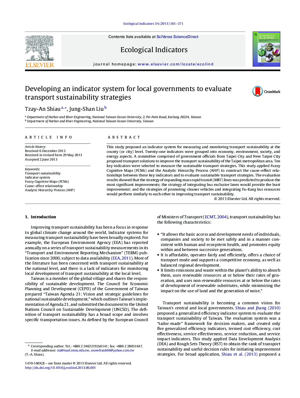 Developing an indicator system for local governments to evaluate transport sustainability strategies