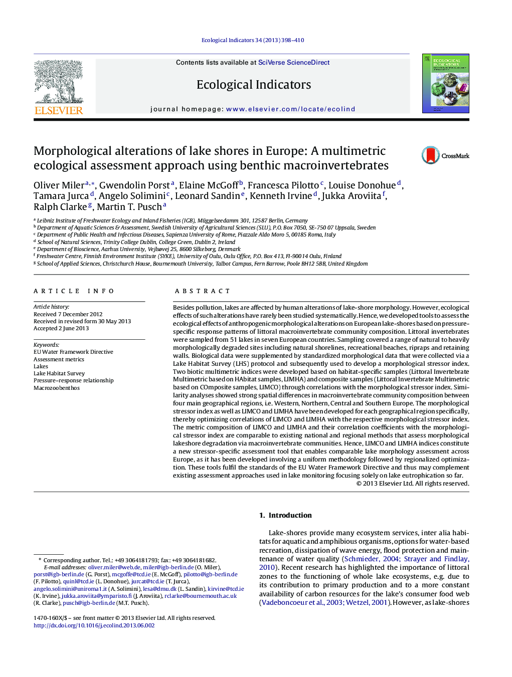 Morphological alterations of lake shores in Europe: A multimetric ecological assessment approach using benthic macroinvertebrates