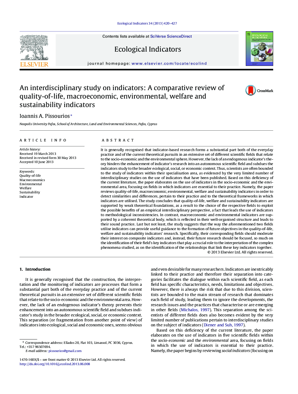 An interdisciplinary study on indicators: A comparative review of quality-of-life, macroeconomic, environmental, welfare and sustainability indicators