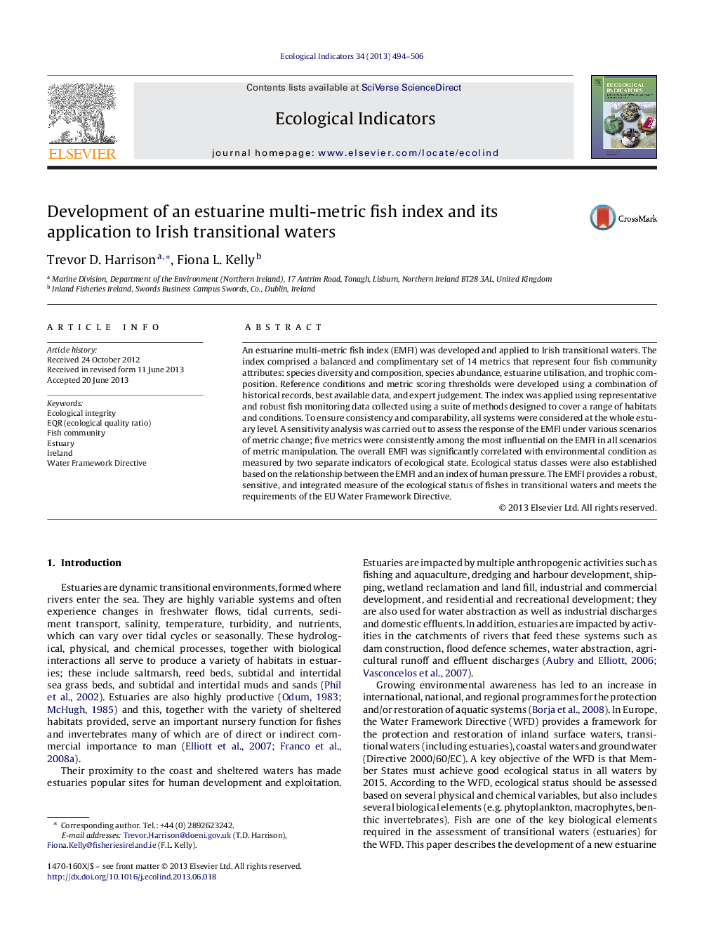 Development of an estuarine multi-metric fish index and its application to Irish transitional waters