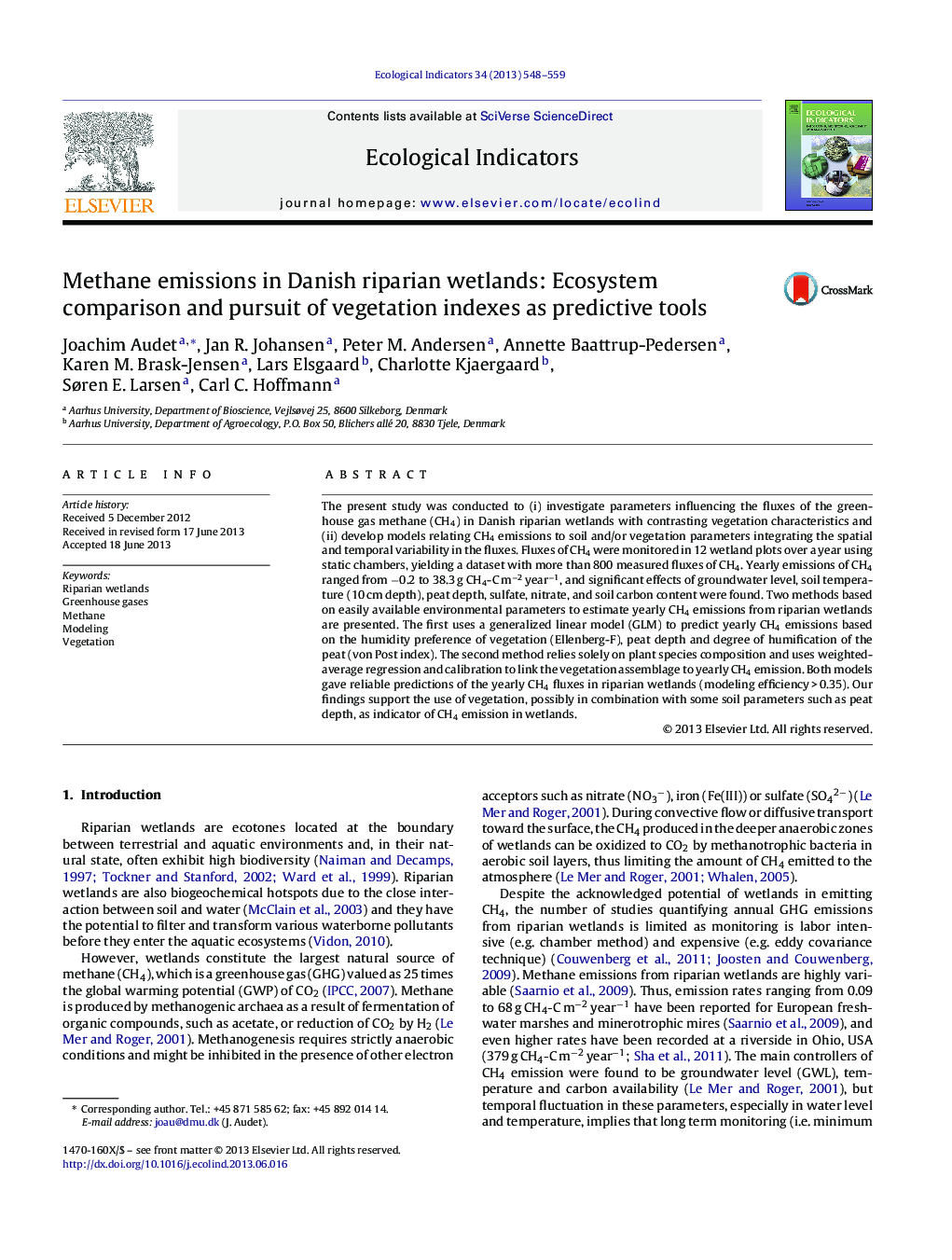 Methane emissions in Danish riparian wetlands: Ecosystem comparison and pursuit of vegetation indexes as predictive tools