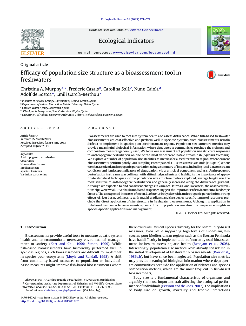 Original articleEfficacy of population size structure as a bioassessment tool in freshwaters