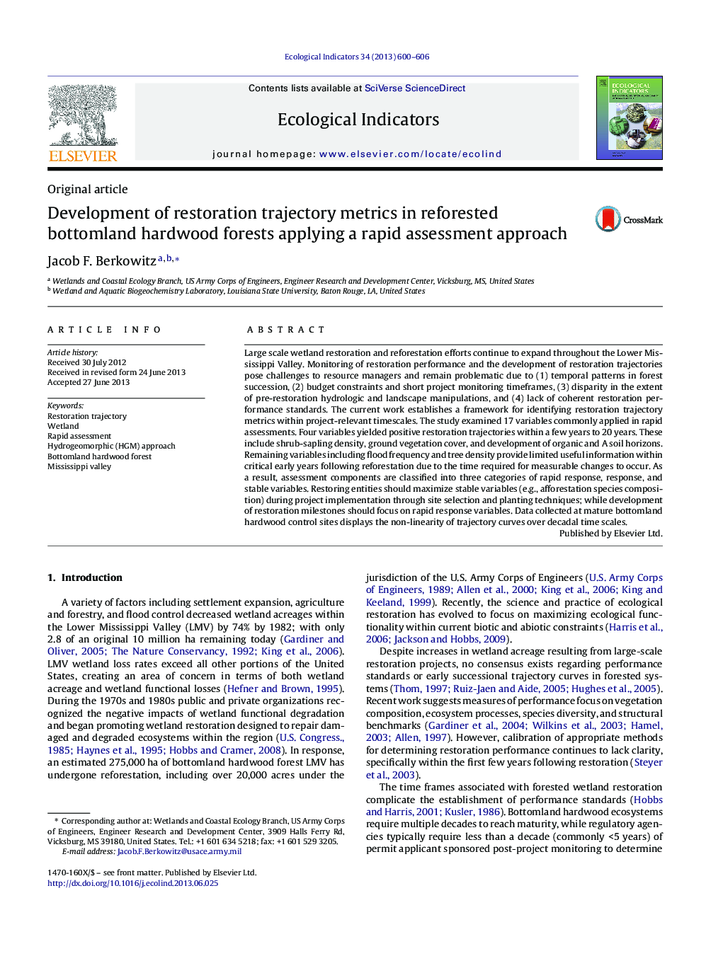 Development of restoration trajectory metrics in reforested bottomland hardwood forests applying a rapid assessment approach