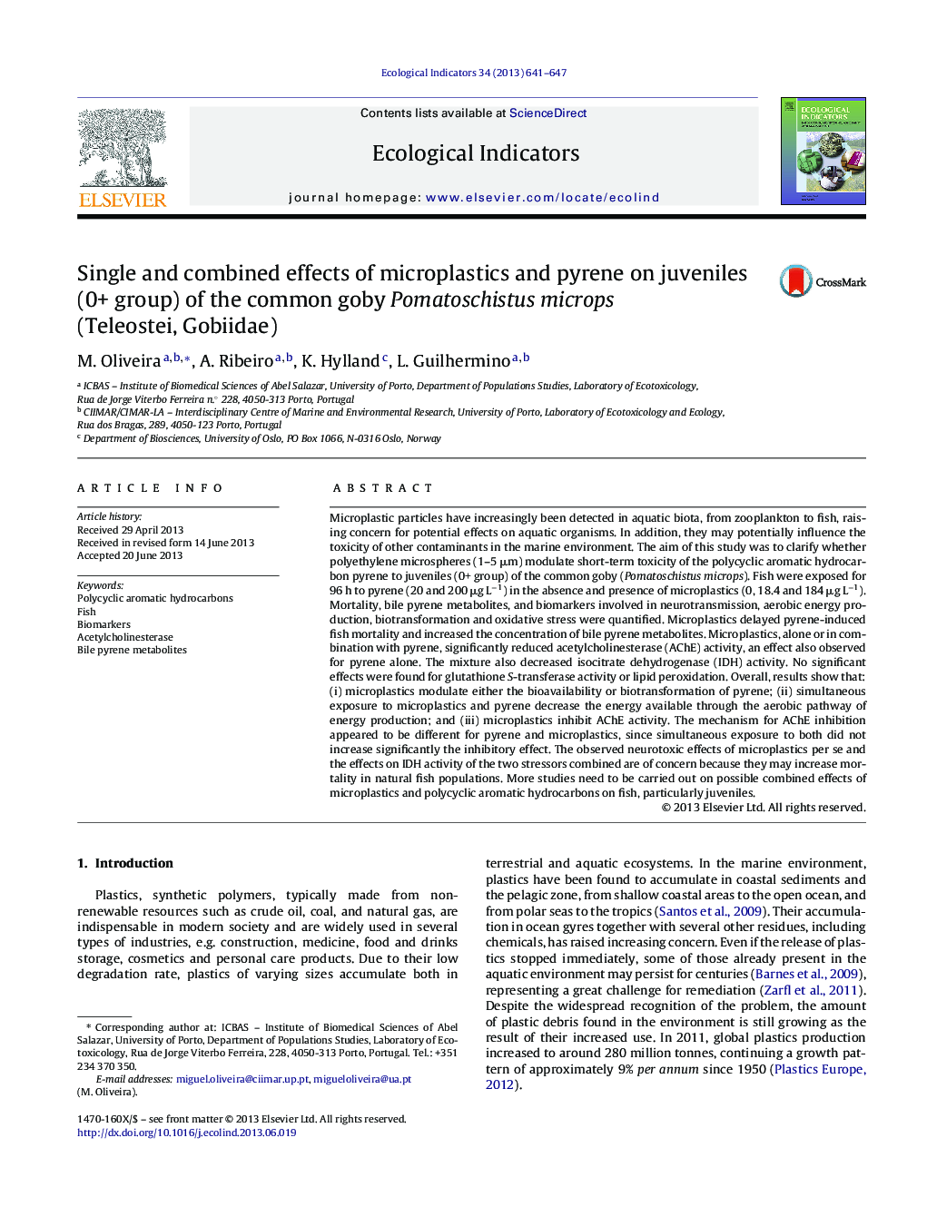 Single and combined effects of microplastics and pyrene on juveniles (0+ group) of the common goby Pomatoschistus microps (Teleostei, Gobiidae)