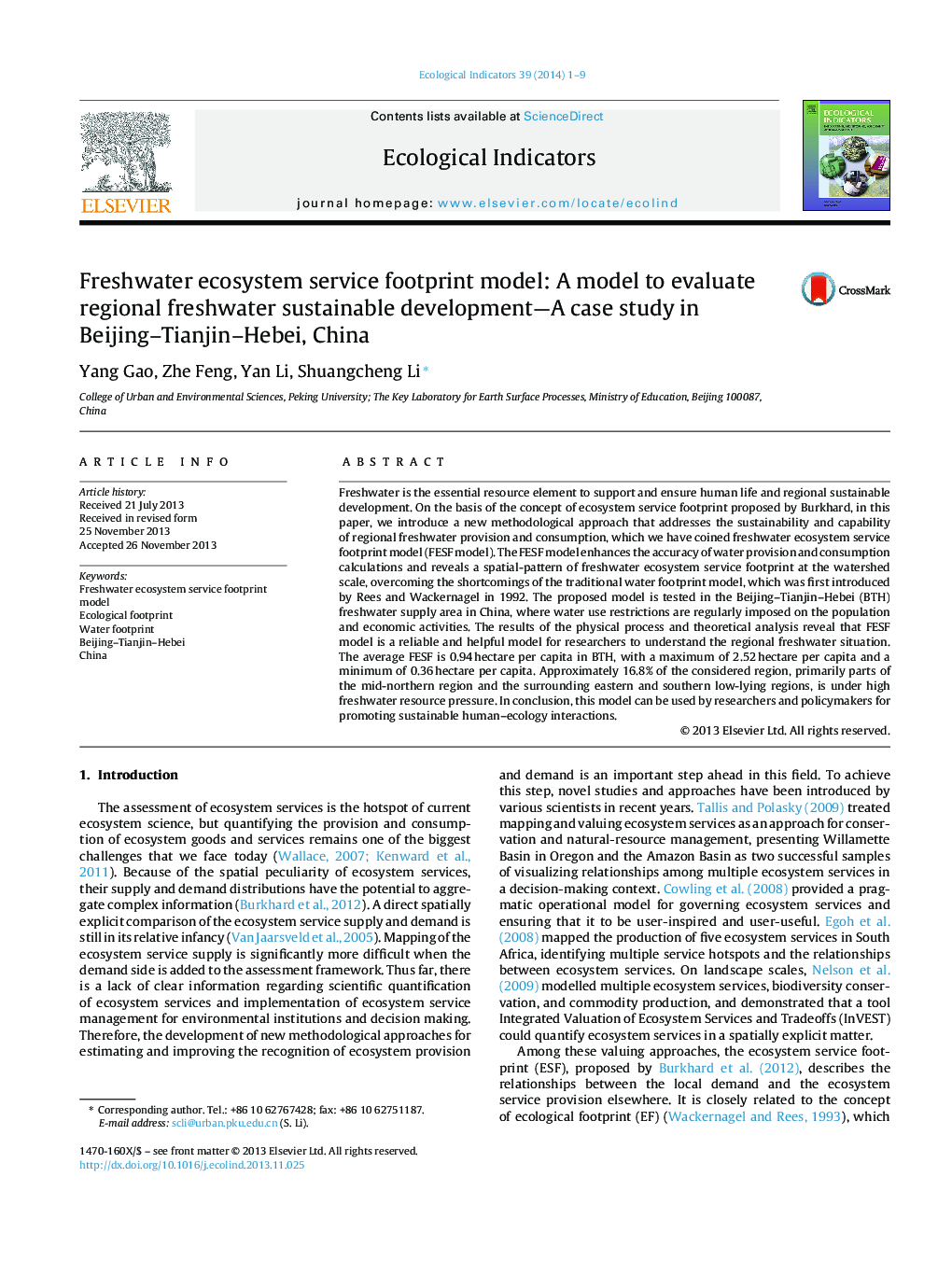 Freshwater ecosystem service footprint model: A model to evaluate regional freshwater sustainable development-A case study in Beijing-Tianjin-Hebei, China