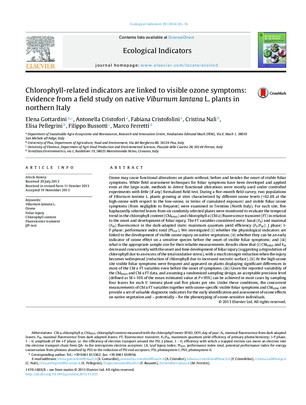 Chlorophyll-related indicators are linked to visible ozone symptoms: Evidence from a field study on native Viburnum lantana L. plants in northern Italy