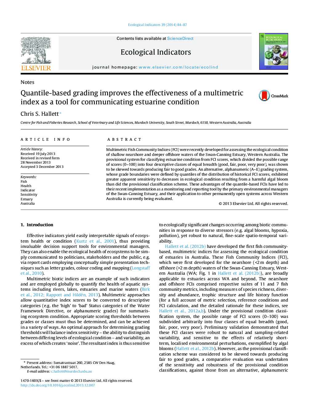 NotesQuantile-based grading improves the effectiveness of a multimetric index as a tool for communicating estuarine condition