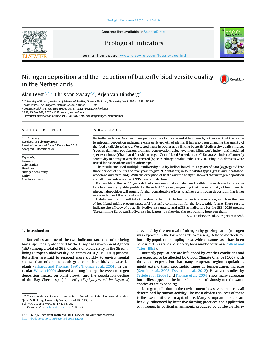 Nitrogen deposition and the reduction of butterfly biodiversity quality in the Netherlands