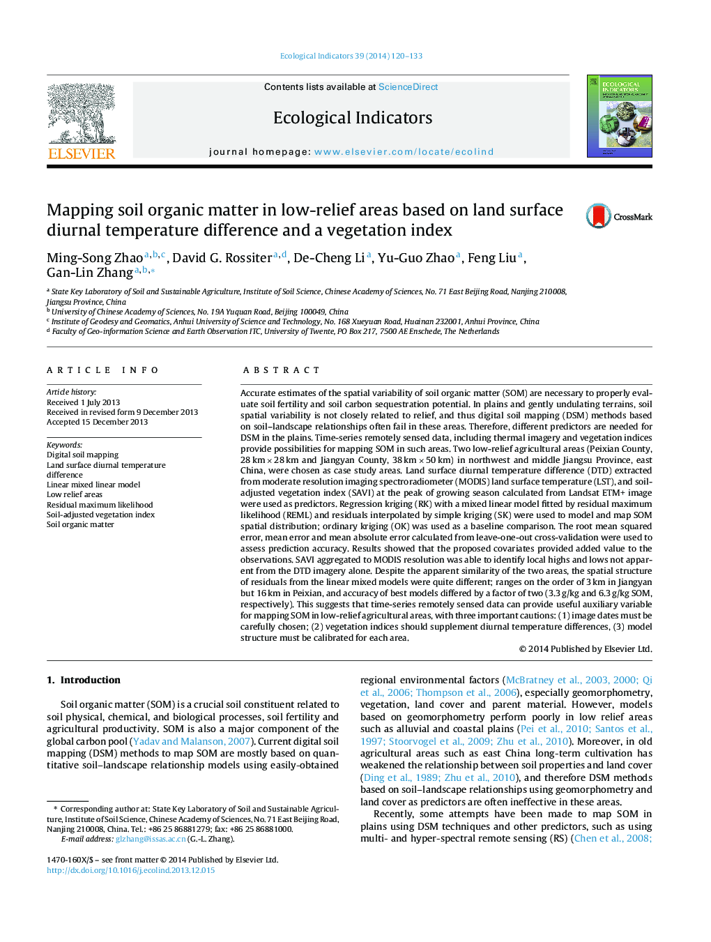 Mapping soil organic matter in low-relief areas based on land surface diurnal temperature difference and a vegetation index