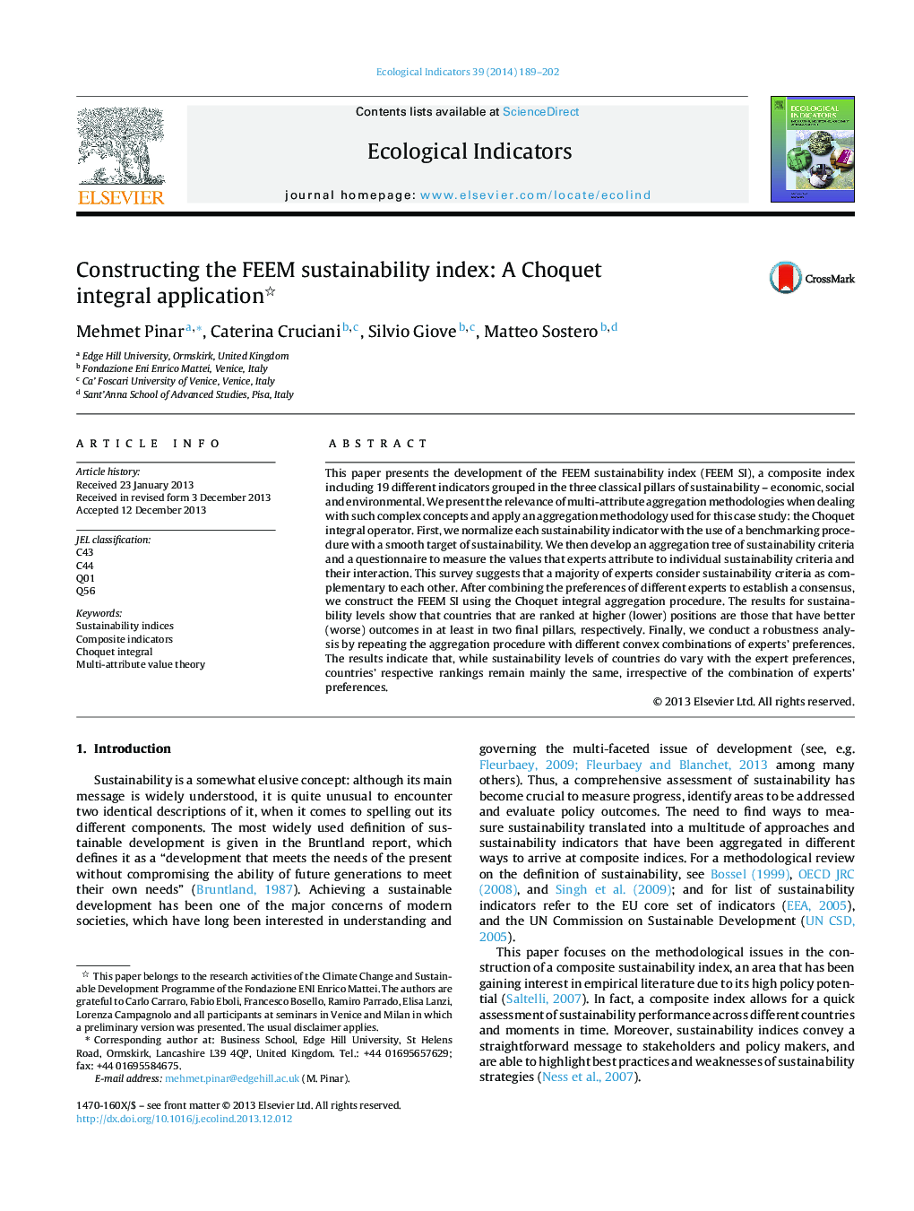 Constructing the FEEM sustainability index: A Choquet integral application