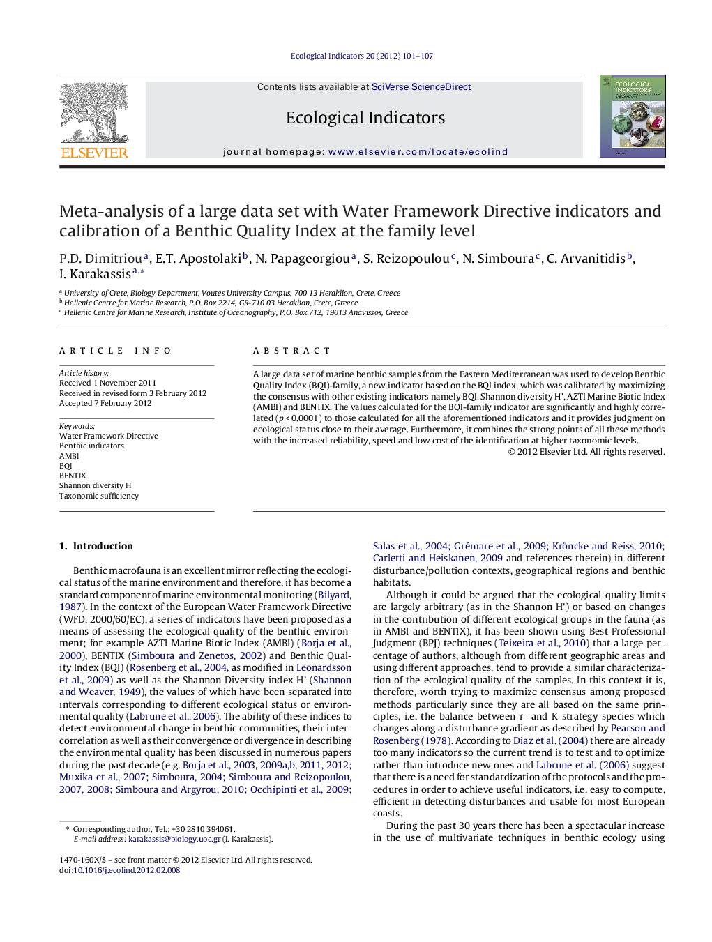 Meta-analysis of a large data set with Water Framework Directive indicators and calibration of a Benthic Quality Index at the family level