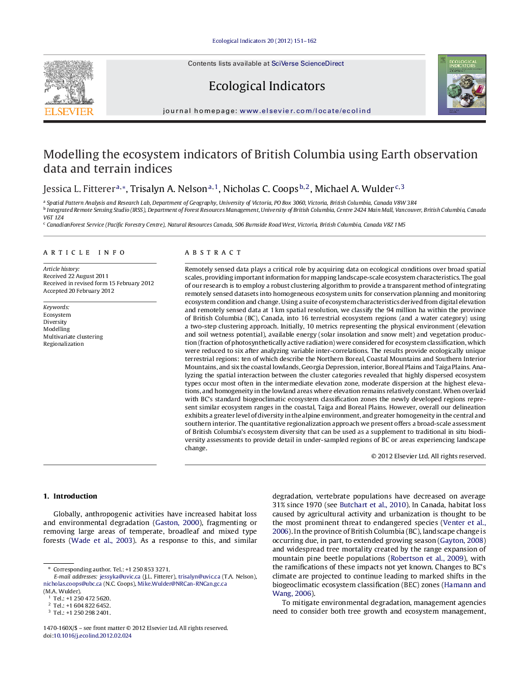 Modelling the ecosystem indicators of British Columbia using Earth observation data and terrain indices