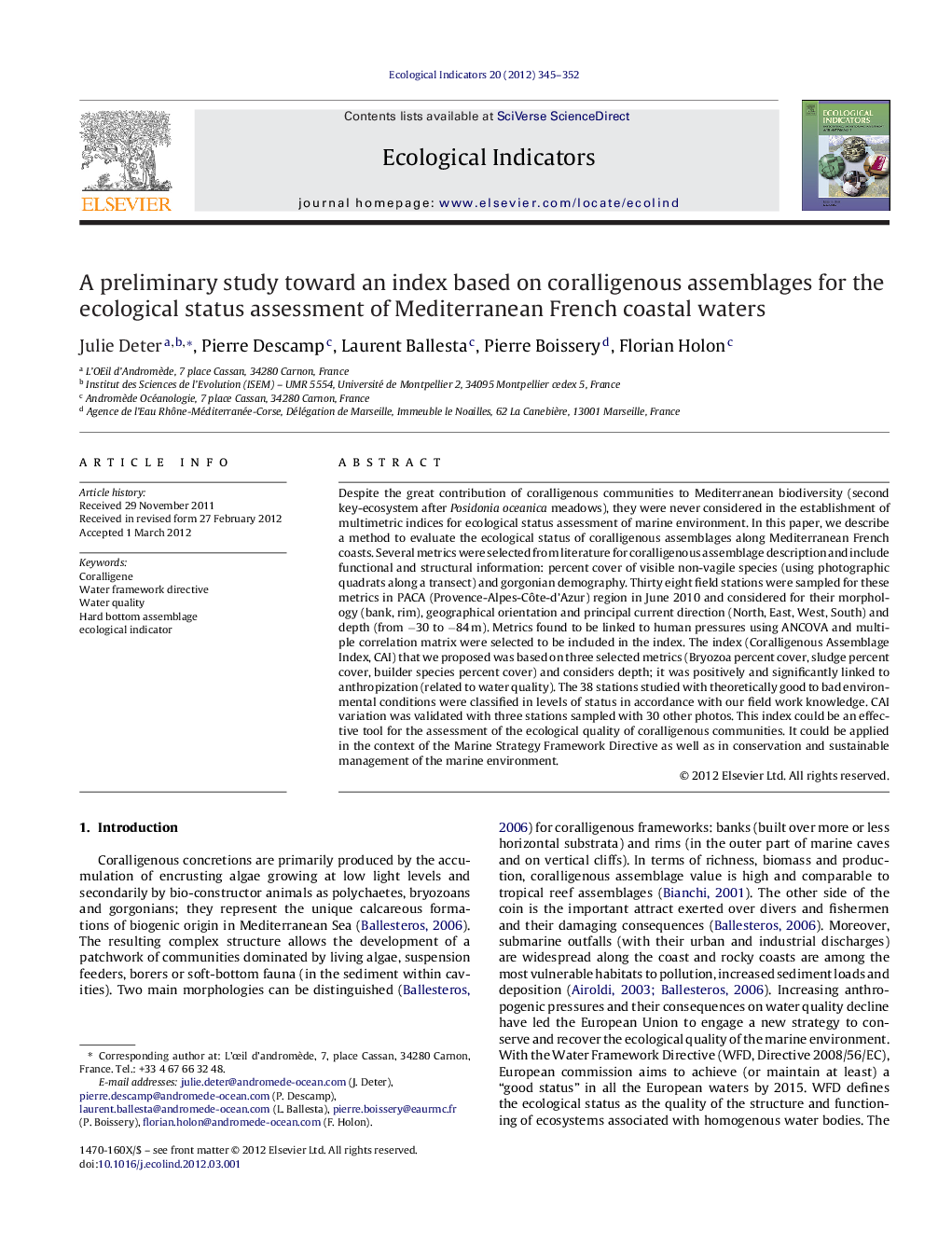 A preliminary study toward an index based on coralligenous assemblages for the ecological status assessment of Mediterranean French coastal waters