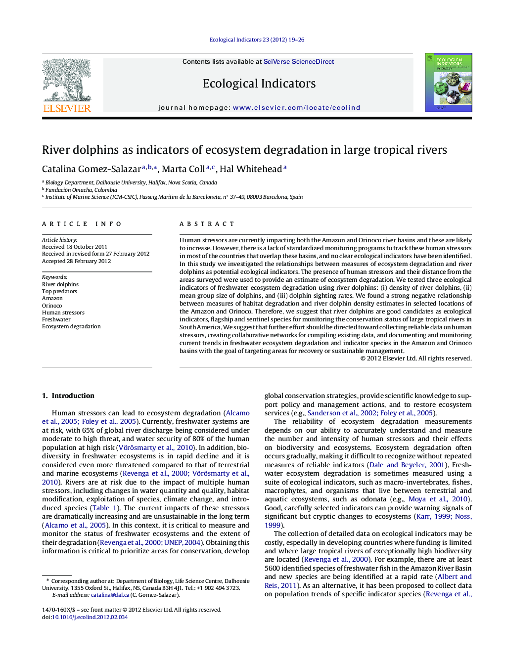 River dolphins as indicators of ecosystem degradation in large tropical rivers