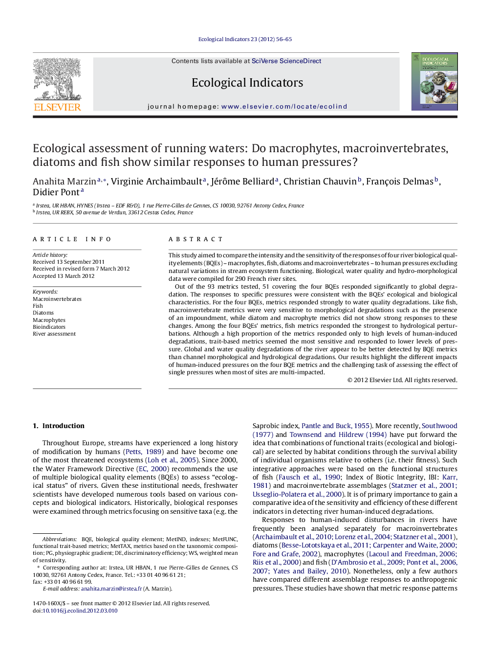 Ecological assessment of running waters: Do macrophytes, macroinvertebrates, diatoms and fish show similar responses to human pressures?