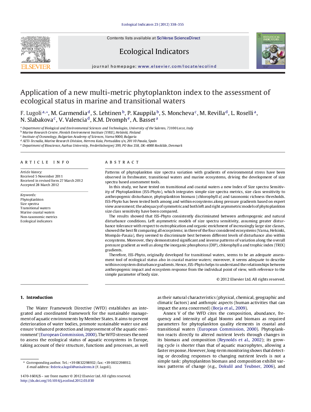 عکس صفحه اول مقاله: Application of a new multi-metric phytoplankton index to the assessment of ecological status in marine and transitional waters Application of a new multi-metric phytoplankton index to the assessment of ecological status in marine and transitional waters