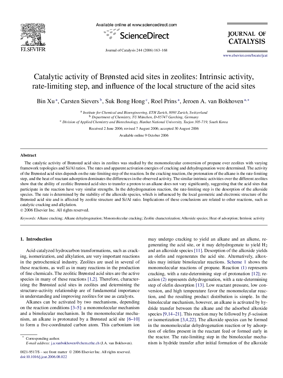 Catalytic activity of Brønsted acid sites in zeolites: Intrinsic activity, rate-limiting step, and influence of the local structure of the acid sites