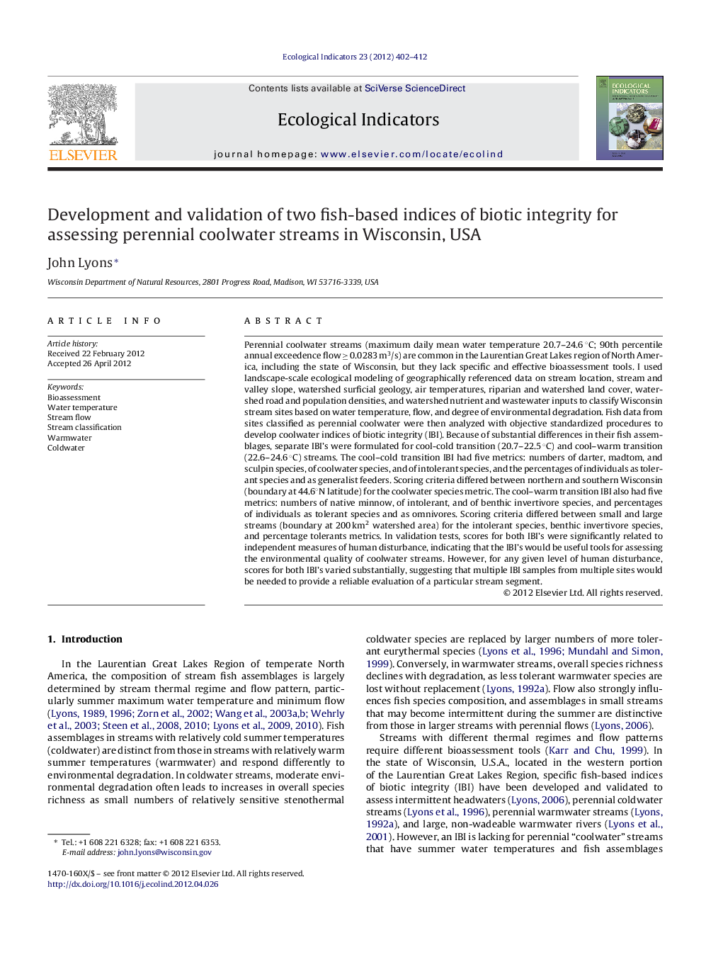 Development and validation of two fish-based indices of biotic integrity for assessing perennial coolwater streams in Wisconsin, USA