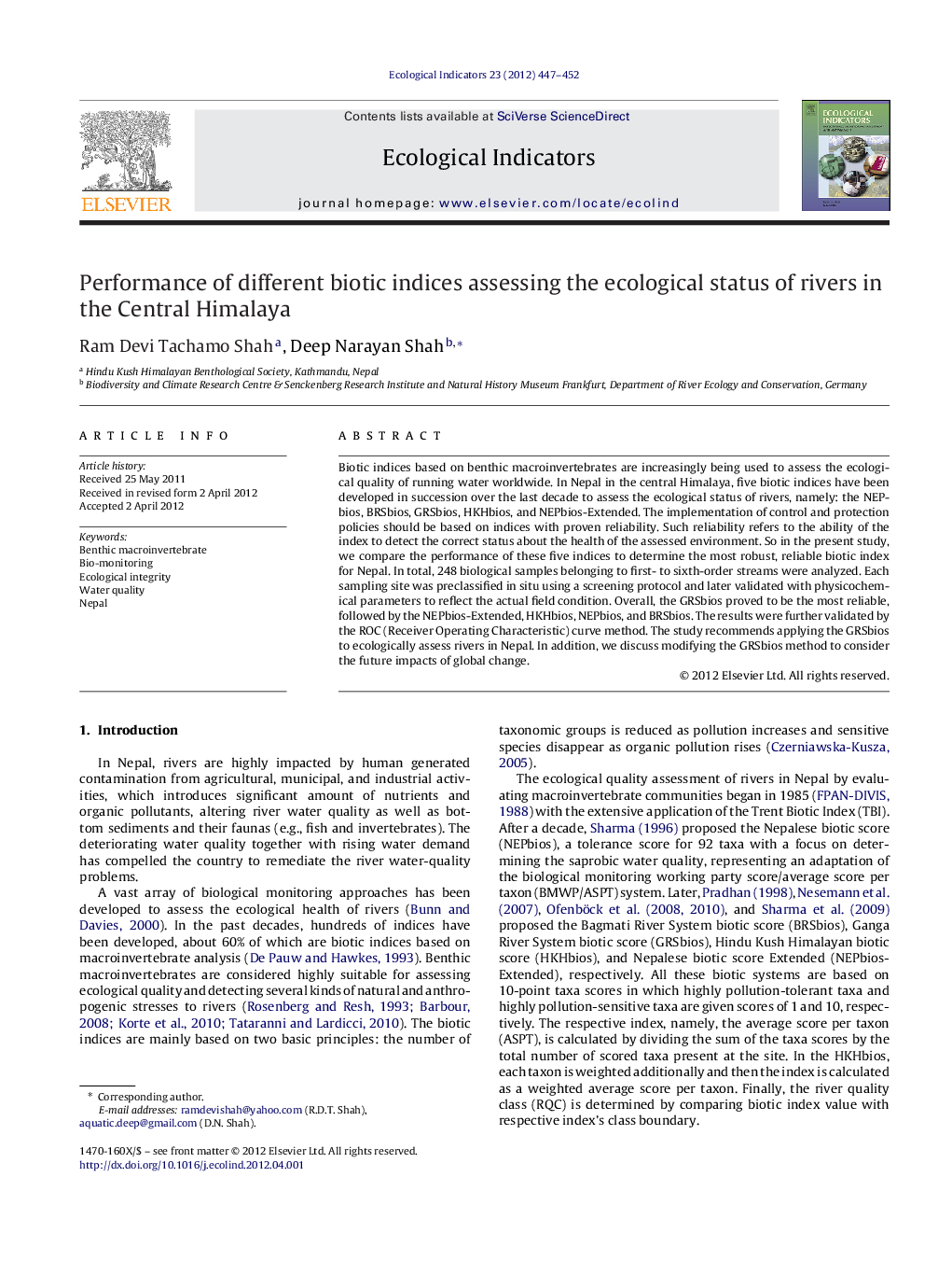 Performance of different biotic indices assessing the ecological status of rivers in the Central Himalaya