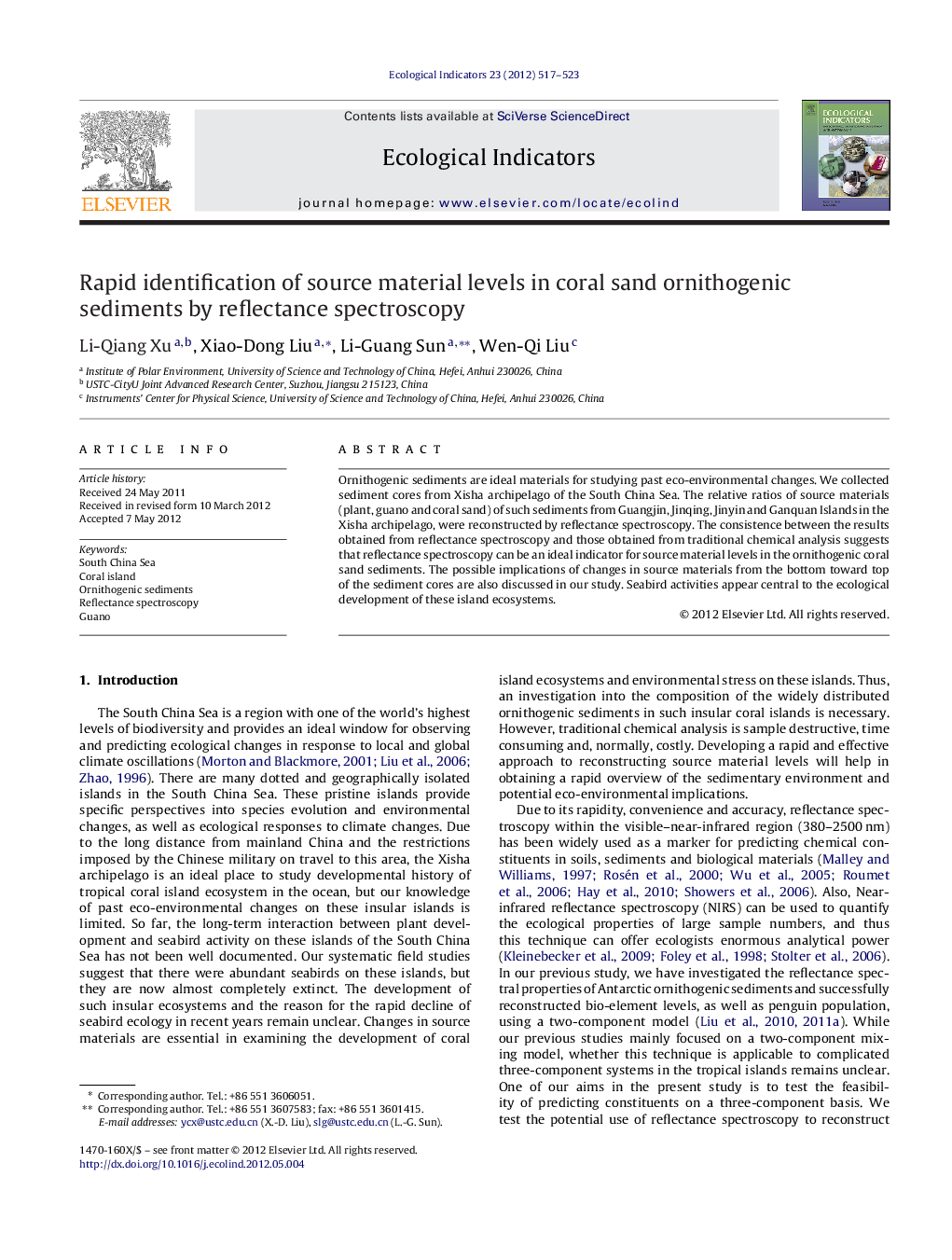 Rapid identification of source material levels in coral sand ornithogenic sediments by reflectance spectroscopy