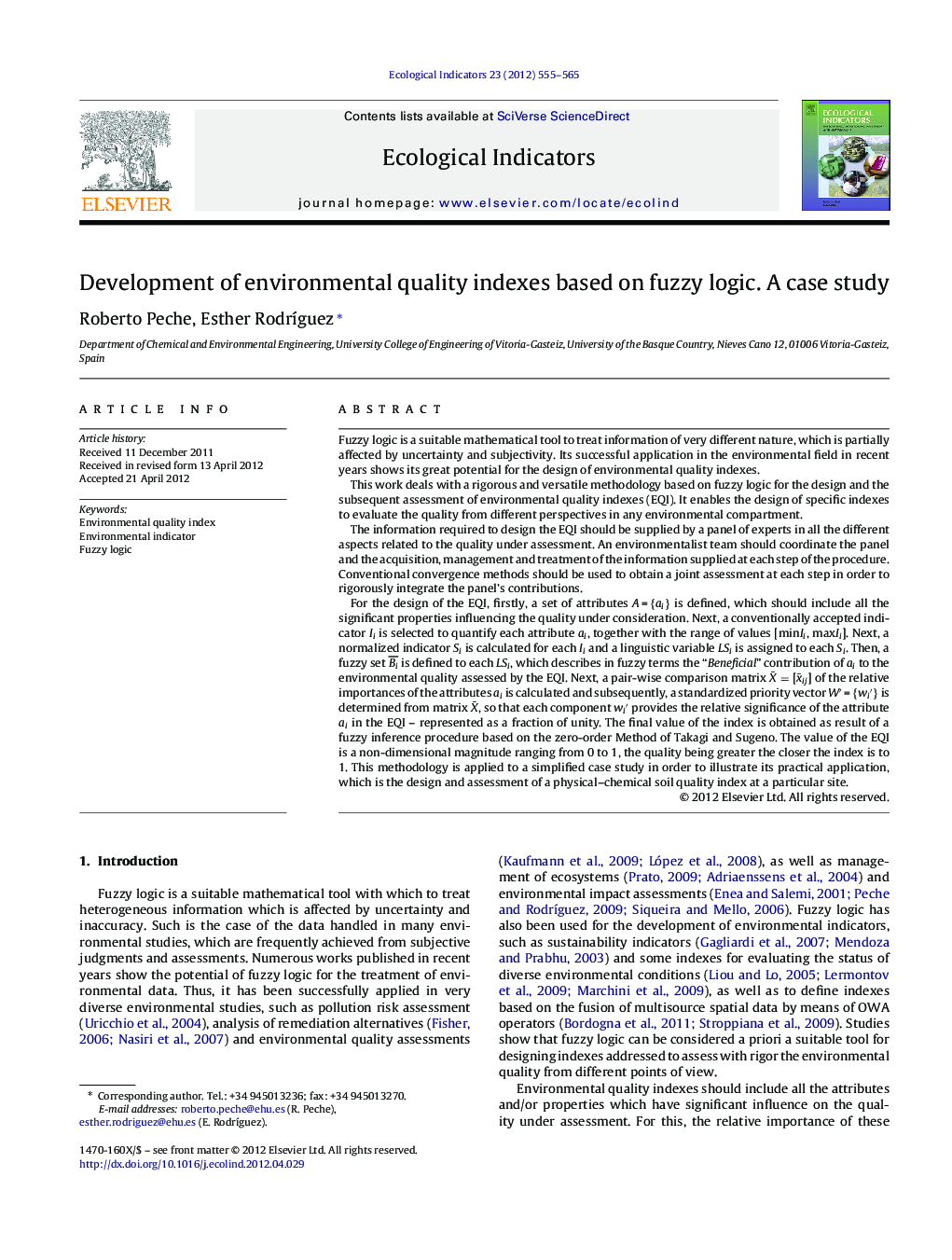 Development of environmental quality indexes based on fuzzy logic. A case study