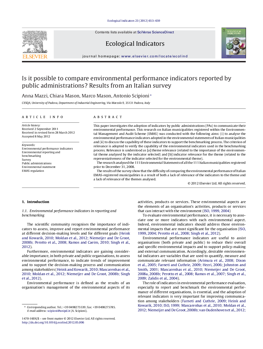 Is it possible to compare environmental performance indicators reported by public administrations? Results from an Italian survey