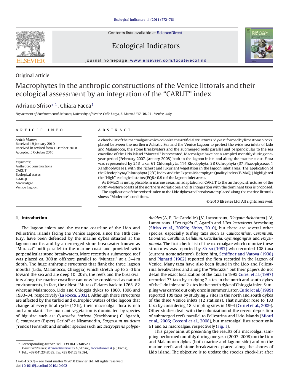 Macrophytes in the anthropic constructions of the Venice littorals and their ecological assessment by an integration of the “CARLIT” index