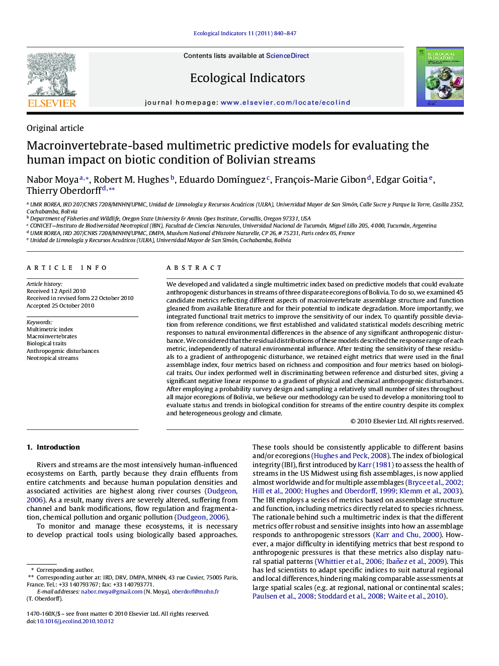 Macroinvertebrate-based multimetric predictive models for evaluating the human impact on biotic condition of Bolivian streams