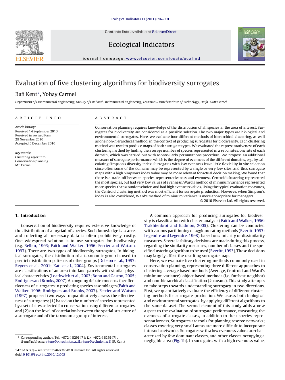 Evaluation of five clustering algorithms for biodiversity surrogates