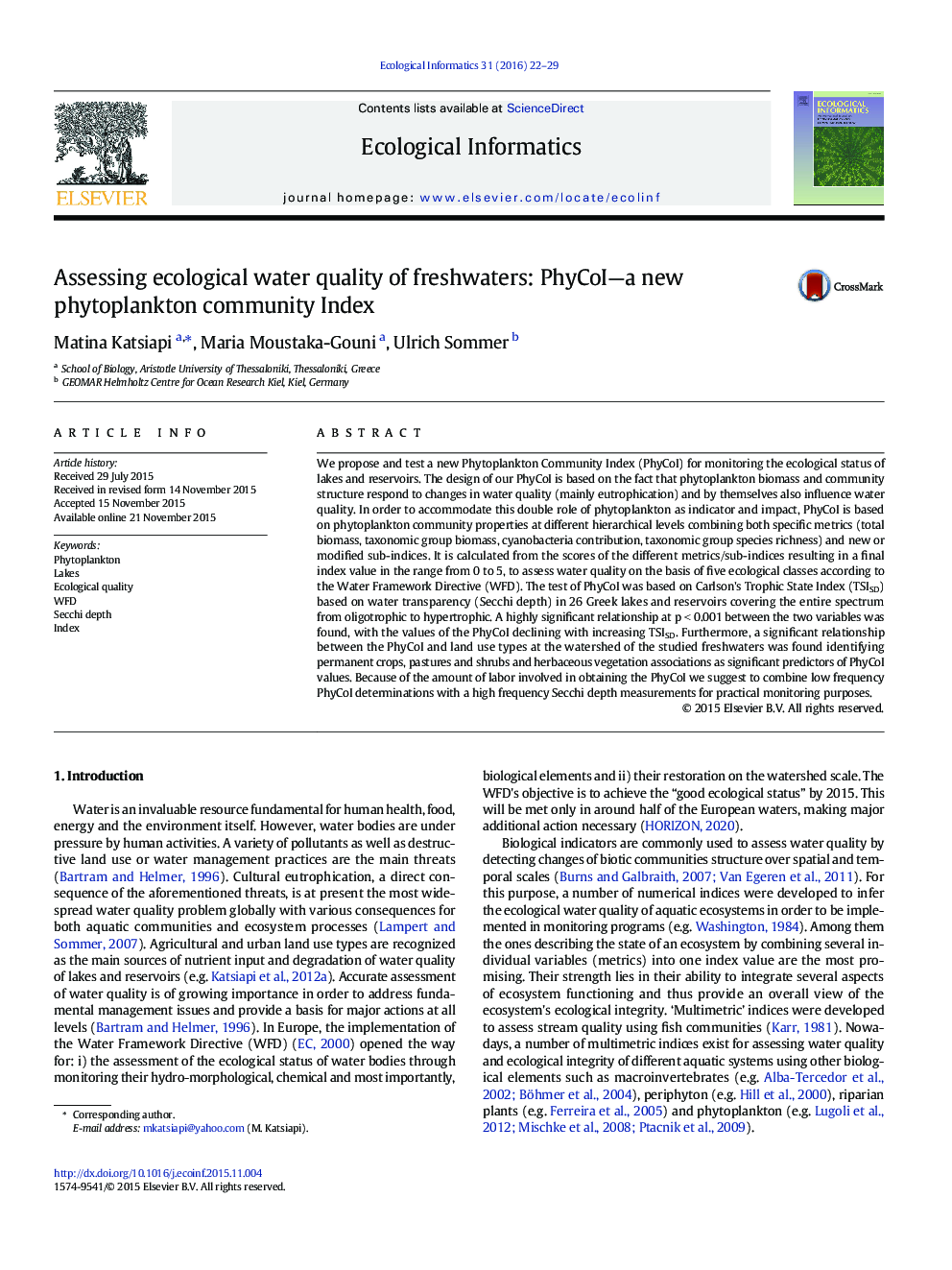 Assessing ecological water quality of freshwaters: PhyCoI-a new phytoplankton community Index