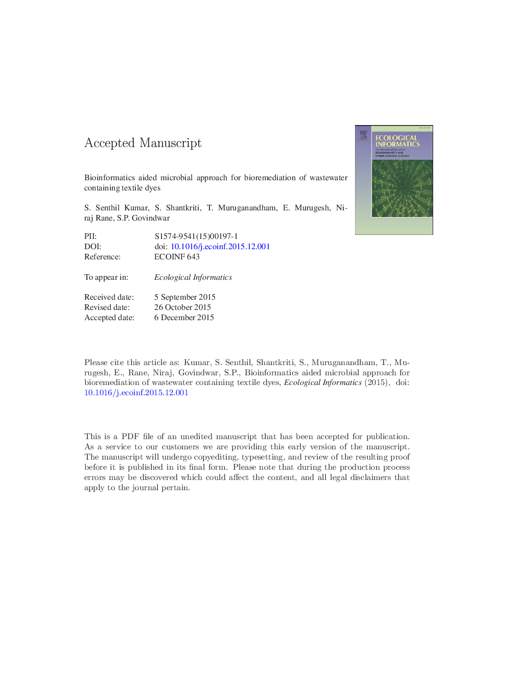 Bioinformatics aided microbial approach for bioremediation of wastewater containing textile dyes