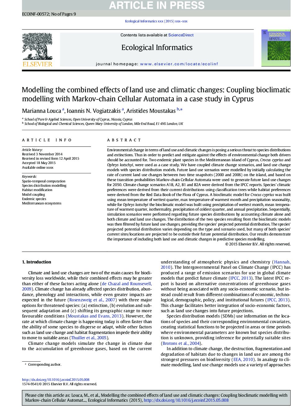 Modelling the combined effects of land use and climatic changes: Coupling bioclimatic modelling with Markov-chain Cellular Automata in a case study in Cyprus