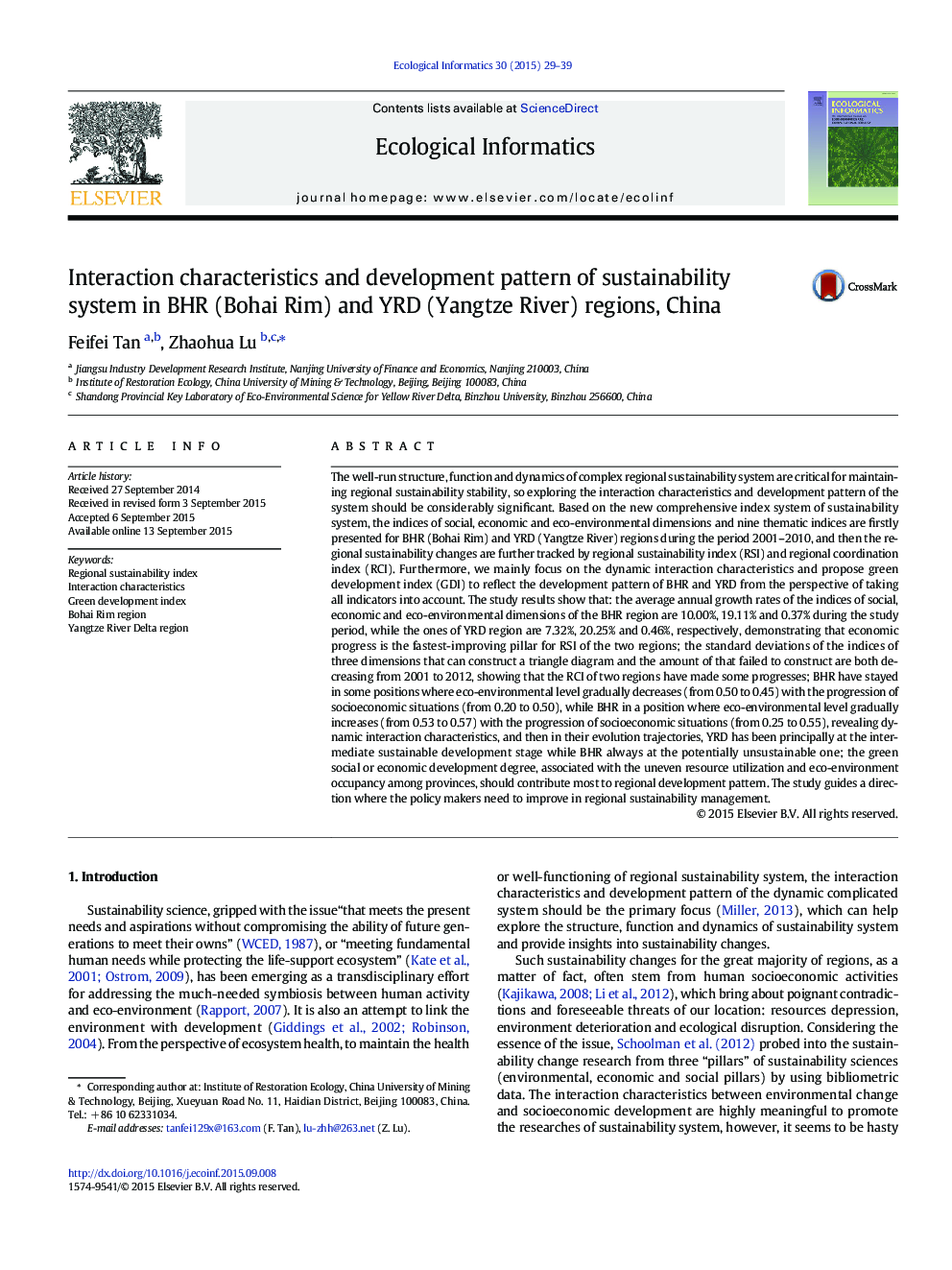 Interaction characteristics and development pattern of sustainability system in BHR (Bohai Rim) and YRD (Yangtze River) regions, China